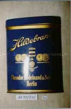 Blechdose für ? "Hildebrand Theodor Hildebrand und Sohn Berlin" (Abbildung von fünf Auszeichnungsmedaillen)