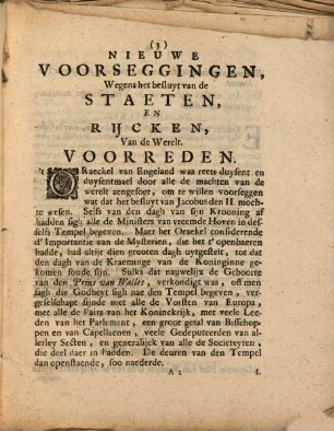 Nieuwe Voorseggingen, Wegens het besluyt van de Staeten, En Rijcken, Van de Werelt : Behelsende De Desseynen van den Koning van Engeland, De Intrigues van het Franse Hoff, Of Vervolg van't Orakel, De Geboorte, en Opvoedinge van den Prince van Walles