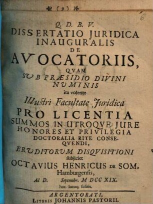 Q. D. B. V. Dissertatio Juridica Inauguralis De Avocatoriis