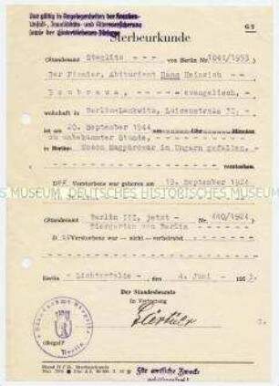 Nachträglich ausgestellte Sterbeurkunde für den 1944 in Ungarn gefallenen Hans Doubrawa - Familienkonvolut