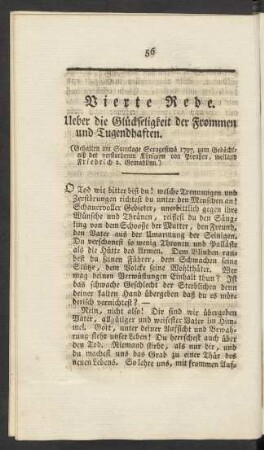 Vierte Rede. Ueber die Glückseligkeit der Frommen und Tugendhaften