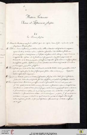 Material- und Thesensammlung: Materia Tentaminis ex Chemia et Astronomia physica. §. I Ex Chemia physica