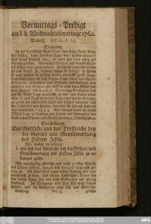 [No. 5.] Vormittags-Predigt am I. h. Weihnachtsfeyertage 1762. Evang. Luc. 2, 1 - 14.