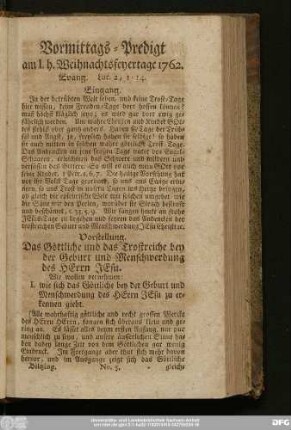 [No. 5.] Vormittags-Predigt am I. h. Weihnachtsfeyertage 1762. Evang. Luc. 2, 1 - 14.