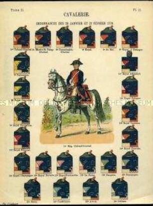 Uniformdarstellung, Colonel Général, Detailstudien von Kopfbedeckungen und Abzeichen verschiedener Kavallerie-Regimenter, Königreich Frankreich, 1779.