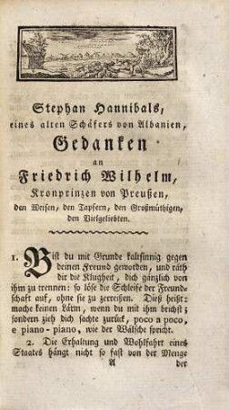 Stephan Hannibals, eines alten Schäfers von Albanien, philosophische Gedanken an Friedrich Wilhelm, Kronprinzen von Preußen, : bey nächtlicher Weile in seinem einsamen Aufenthalte zu Ath im österreichischen Hennegau. Nebst einigen morgenländischen Erzählungen. Aus dem Französischen übersetzt