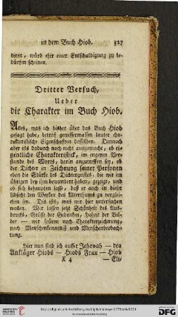 Dritter Versuch: Ueber die Charakter im Buch Hiob