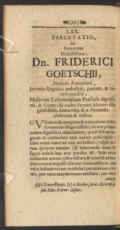 LXX. Parentatio ... Dn. Friderici Goetschii ... Anno 1689. d. 12. Decembr. elaborata & habita.