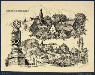 Drei Ansichten von Fördergersdorf (Tharandt) mit Kirche, Häusern und Denkmal