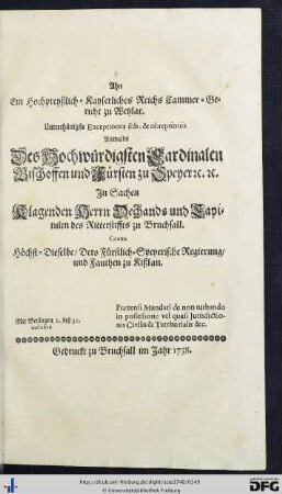 Ahn Ein Hochpreyßlich-Kayserliches Reichs Cammer-Gericht zu Wetzlar. Unterthänigste Exceptiones sub- et obreptionis.