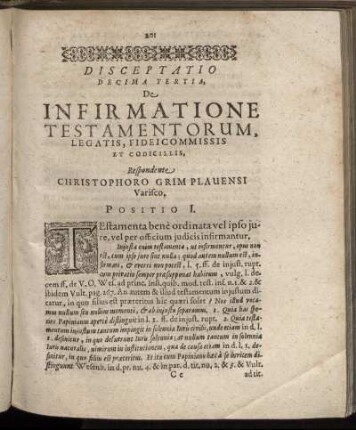 Disceptatio Decima Tertia. De Infirmatione Testamentorum, Legatis, Fideicommissis Et Codicillis.