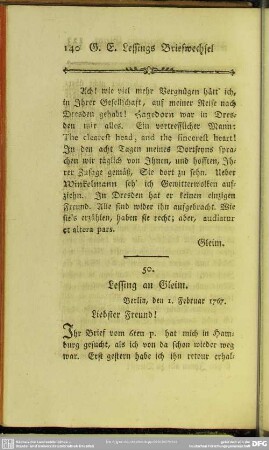50. Lessing an Gleim. Berlin, den 1. Februar 1767