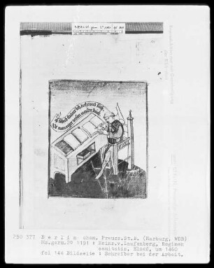 Heinrich von Laufenberg, Regimen sanitatis, deutsch — Schreiber bei der Arbeit, Folio 144recto