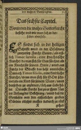Das sechste Capitel. Worinnen die wahre Gottesfurcht bestehe, und wie man sich in derselben uben solle