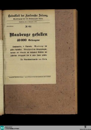 Karlsruher Zeitung, Extrablatt No. 64, Maubeuge gefallen. 40000 Gefangene