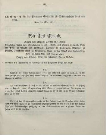 21. Abgabengesetz für das Herzogtum Gotha für die Rechnungsjahre 1911 und 1912. Vom 15. Mai 1911
