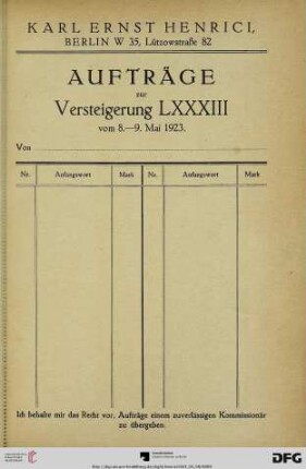 Aufträge zur Versteigerung LXXXIII