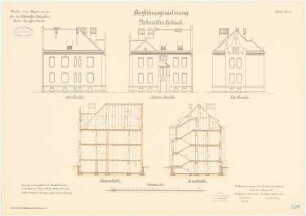 Kaserne für das Luftschiffer-Bataillon, Berlin-Jungfernheide: Verheirateten-Gebäude: Längsschnitt, Querschnitt, Ostansicht, Hofansicht, Straßenansicht 1:100