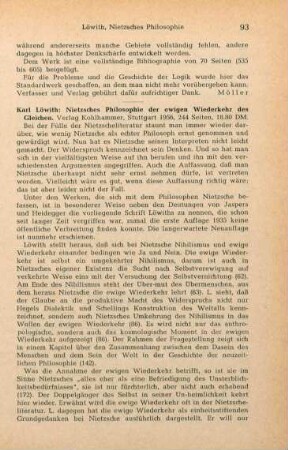 93-94 [Rezension] Löwith, Karl, Nietzsches Philosophie der ewigen Wiederkehr des Gleichen