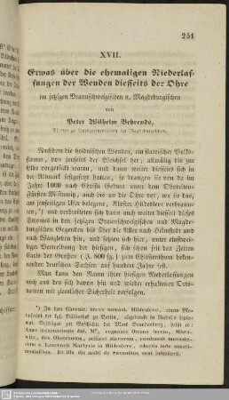 XVII. Etwas über die ehemaligen Niederlassungen der Wenden diesseits der Ohre im jetzigen Braunschweigischen u. Magdeburgischen