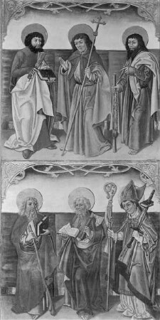 Rechter Flügel, oben von links: Bartholomäus, Philippus, Simon, unten von links: Jacobus der Jüngerer, Matthias, Bonifatius