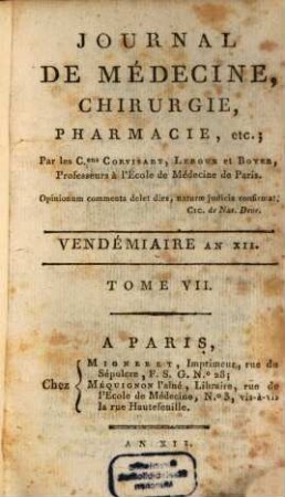 Journal de médecine, chirurgie, pharmacie. 7. 1803/04 = XII [Franz. Revolution]