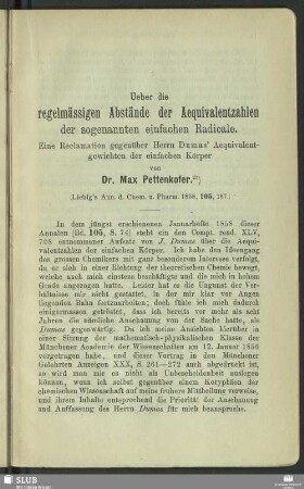 Ueber die regelmässigen Abstände der Aequivalentzahlen der sogenannten einfachen Radicale : Eine Reclamation gegenüber Herrn Dumas' Aequivalentgewichten der einfachen Körper