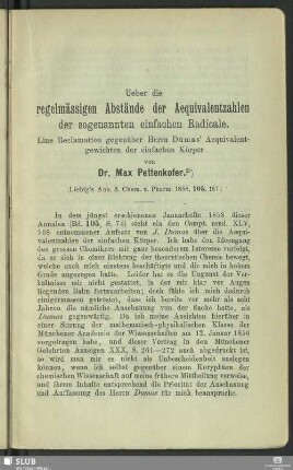 Ueber die regelmässigen Abstände der Aequivalentzahlen der sogenannten einfachen Radicale : Eine Reclamation gegenüber Herrn Dumas' Aequivalentgewichten der einfachen Körper