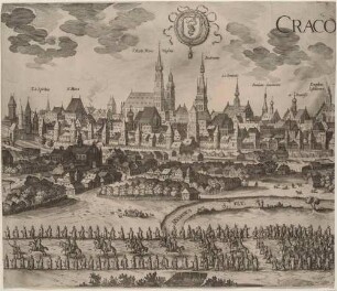Panorama-Stadtansicht (großer Prospekt) von Krakau in Oberschlesien (Krakow in Polen) mit einer Parade im Vordergrund, Teil 2 mit der Marienkirche und dem Wappen der Königin Bona Sforza