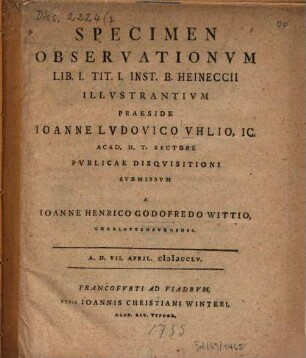 Specimen observationum lib. I tit. I Inst. B. Heinecii illustrantium