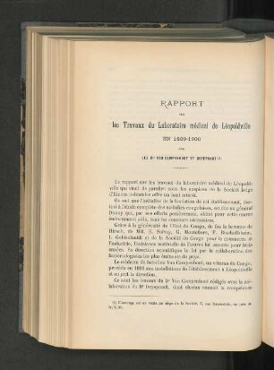 Rapport Sur les Travaux du Laboratoire médical de Léopoldville.