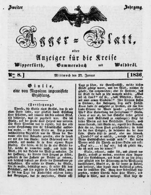 Agger-Blatt, oder Anzeiger für die Kreise Wipperfürth, Gummersbach und Waldbröl
