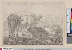 [Drei Rinder mit schlafendem Bauern; Horned Cattle, to the Right a Shepherd Sleeping; Drie runderen en een slapende herder]