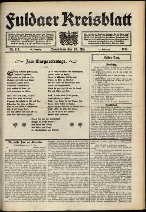 Erste Ausgabe vom Samstag, den 20. Mai 1911.