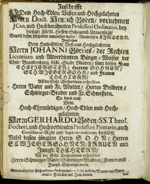 Dem Hoch-Edlen/ Vesten und Hochgelahrten Herrn Doct. Henrich Boden [...] Herrn Johanni Börries [...] Herrn Gerhardo Boden [...]