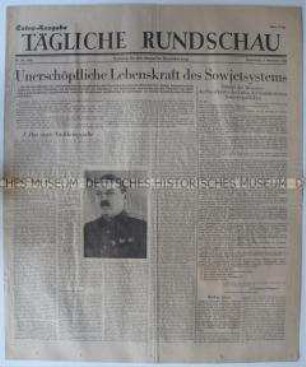 Sowjetische Tageszeitung für die deutsche Bevölkerung "Tägliche Rundschau" mit dem Wortlaut der Rede von Shdanow zum Jahrestag der Oktoberrevolution