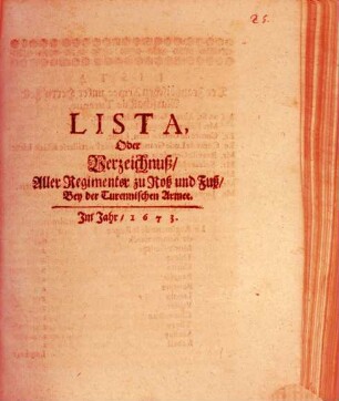 Lista, Oder Verzeichnuß Aller Regimenter zu Roß und Fuß Bey der Turennischen Armee