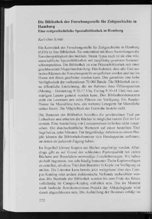 Die Bibliothek der Forschungsstelle für Zeitgeschichte in Hamburg : Eine zeitgeschichtliche Spezialbibliothek in Hamburg