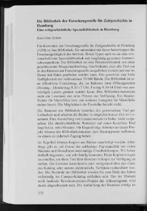 Die Bibliothek der Forschungsstelle für Zeitgeschichte in Hamburg : Eine zeitgeschichtliche Spezialbibliothek in Hamburg