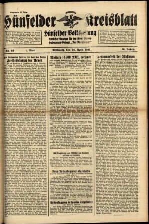 Erste Ausgabe vom Mittwoch, den 30. April 1941.
