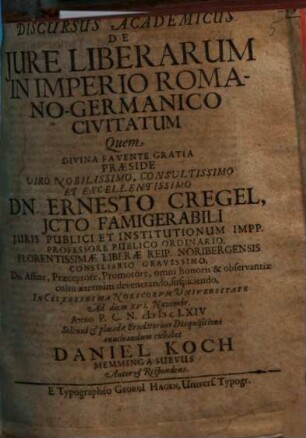Discursus Academicus De Iure Liberarum In Imperio RomanoGermanico Civitatum