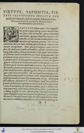 Virtute, Sapientia, Pietate Illustribus Inclytae Reipublicae Ulmensis, DD. Consulib. Et Senatoribus …