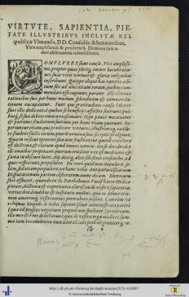 Virtute, Sapientia, Pietate Illustribus Inclytae Reipublicae Ulmensis, DD. Consulib. Et Senatoribus …