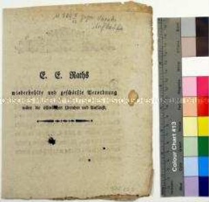 Verordnung des Rates der Stadt Wismar gegen Unruhen und Aufläufe