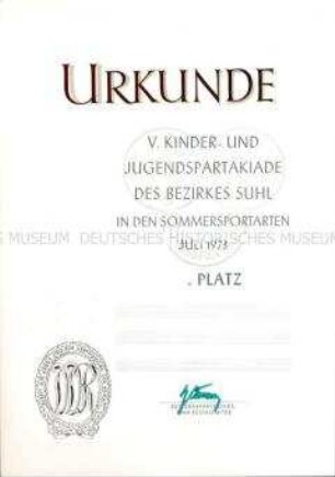 Vordruck einer Urkunde der 5. Kinder- und Jugendspartakiade des Bezirkes Suhl in den Sommersportarten