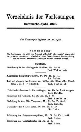 Verzeichnis der Vorlesungen Sommerhalbjahr 1926.