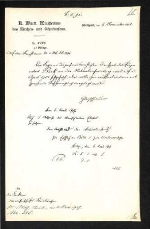 Handschriftliches Schreiben K. Württ Ministerium des Kirchen- und Schulwesens Max Böck betreffend