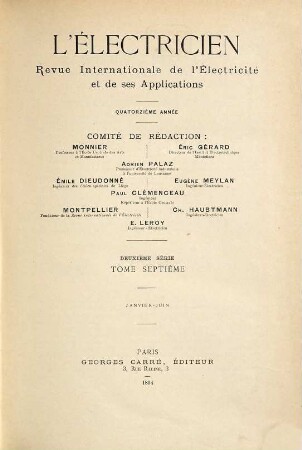 L' électricien : revue internationale de l'électricité et de ses applications. 7. 1894
