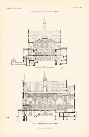 Königliche Akademie, Posen: Querschnitt, Längsschnitt durch den Festsaal (aus: Atlas zur Zeitschrift für Bauwesen, hrsg. v. Ministerium der öffentlichen Arbeiten, Jg. 61, 1911)