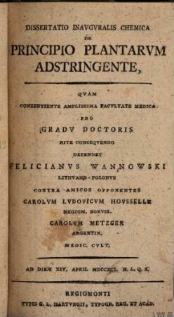 Diss. inaug. chem. de principio plantarum adstringente